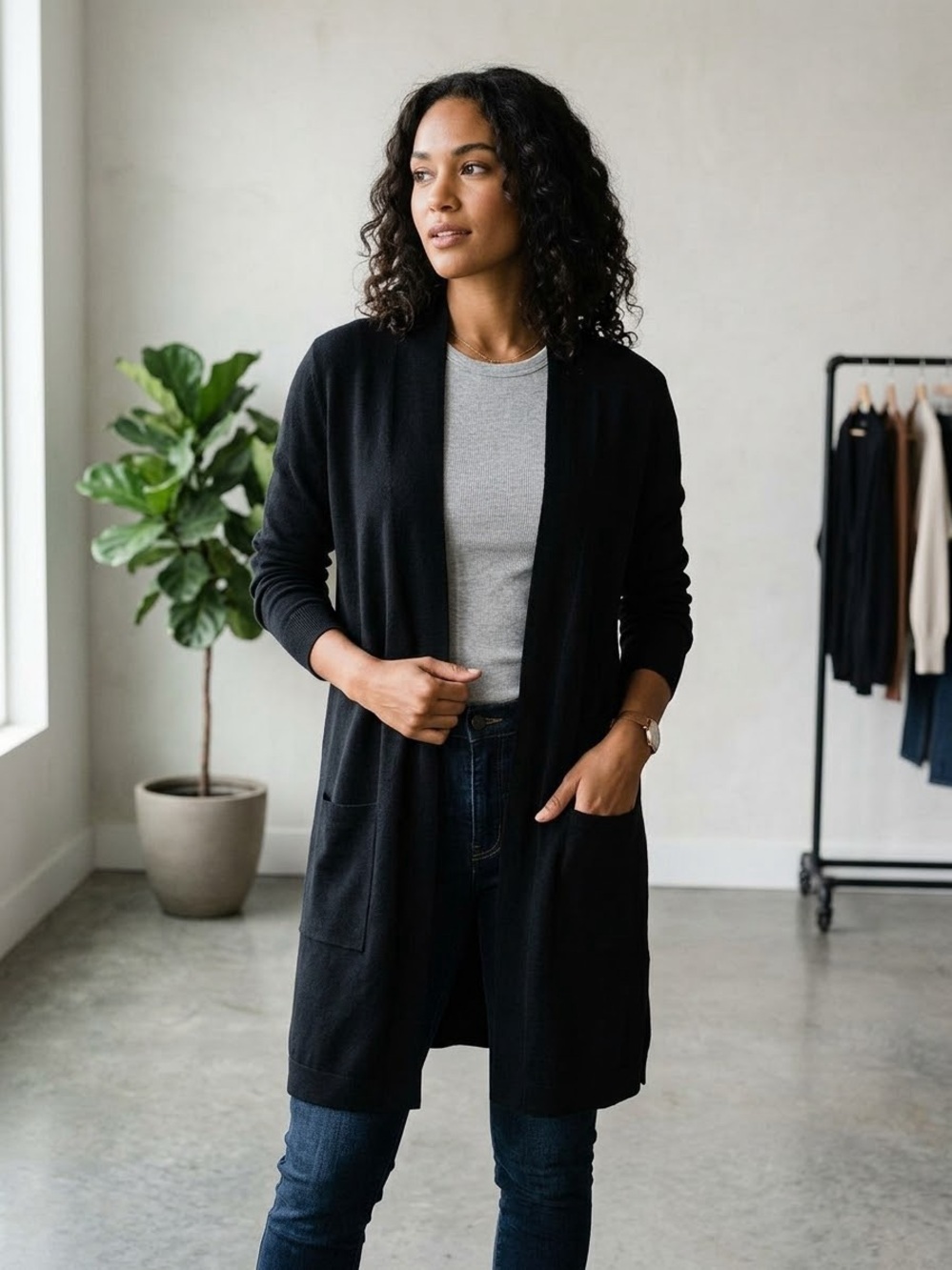 Eileen Fisher Black Wool Long Open-Front Long Sleeve Cardigan Size M